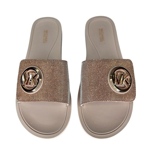 NWT Michael Kors MK Charm Slide Flat Sandals Soft Pink/ Rose Gold - Picture 1 of 7